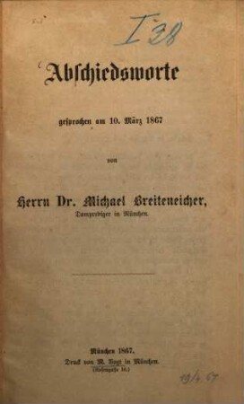 Abschiedsworte gesprochen am 10. März 1867