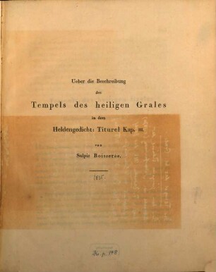 Ueber die Beschreibung des Tempels des heiligen Grales in dem Heldengedicht: Titurel Kap. III