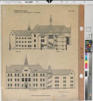 Lüdenscheid, Amtsgericht und Gefängnisgebäude, Hofansicht, Straßenansicht, Schnitt J-K, Baubestandszeichnung