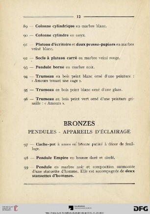 Bronzes - Pendules - Appareils D'èclairage (Nr. 97-122)
