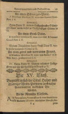 Die XV. Claß. Begreifft in sich Titul Hoher und Niedriger Weibs-Personen/ auch naher Anverwandten weiblichen Geschlechts