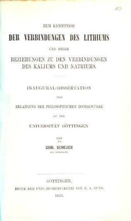 Zur Kenntniss der Verbindungen des Lithiums und ihre Beziehungen des Kaliums und Natriums : Inaug. Diss.