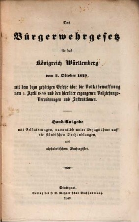 Bürgerwehrgesetz für das Königreich Württemberg vom 3. Oktober 1849