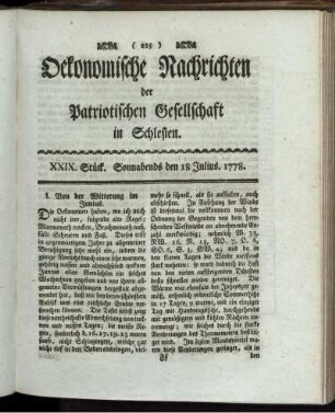 XXIX. Stück. Sonnabends den 18 Julius. 1778.
