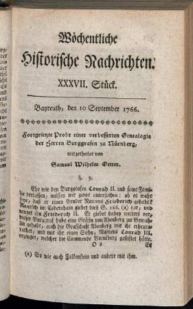 XXXVII. Stück. Bayreuth, den 10. September 1766.
