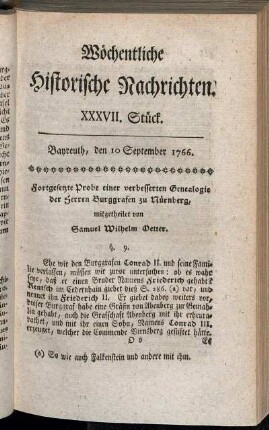 XXXVII. Stück. Bayreuth, den 10. September 1766.