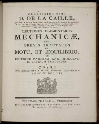 Lectiones elementares mechanicae, seu brevis tractatus de motu, et aequilibrio