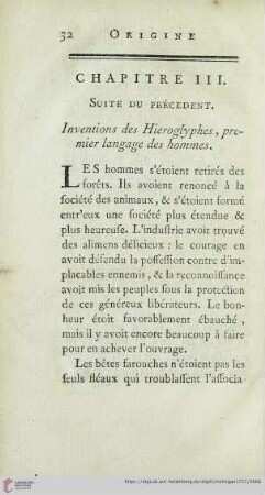 Chapitre III: Suite du precedent. Inventions des Hieroglyphes, premier langage des hommes