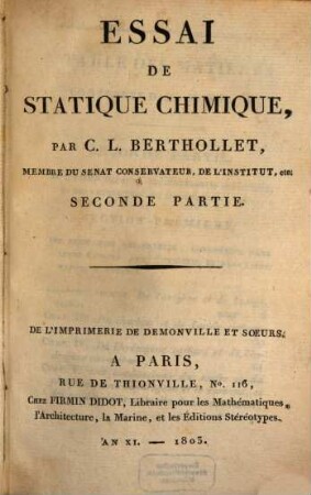 Essai de statique chimique, 2