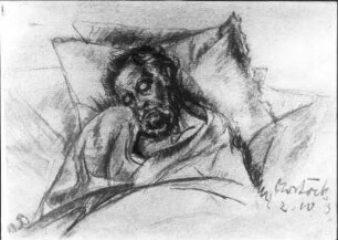 Der Bildhauer Ernst Barlach auf dem Krankenbett : Der Bildhauer Ernst Barlach auf dem Krankenbett in Rostock. Kohlezeichnung (1938; M. Böhmer). Güstrow