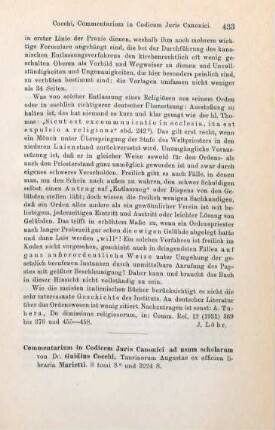 433-435 [Rezension] Cocchi, Guido, Commentarium in Codicem iuris canonici ad usum scholarum