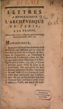 Lettres a Monseigneur l'Archevesque de Paris a la trappe