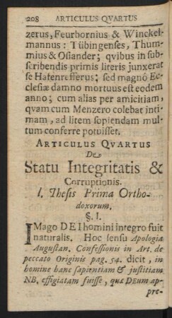 Articulus Quartus De Statu Integritatis & Corruptionis