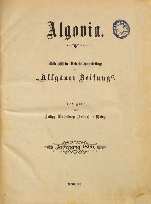Algovia : belletristische Unterhaltungsbeilage. 1890 = Jg. 11