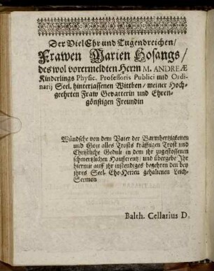 Der Viel Ehr und Tugendreichen Frawen Marien Hosangs [...]