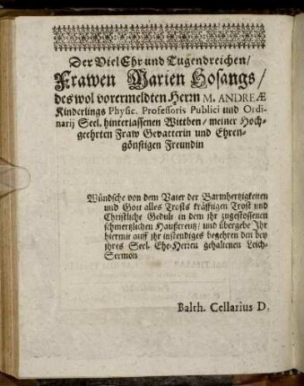 Der Viel Ehr und Tugendreichen Frawen Marien Hosangs [...]