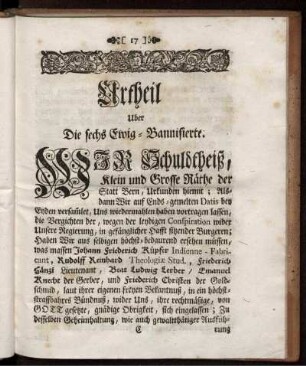 Urtheil Uber Die sechs Ewig-Bannisierte.