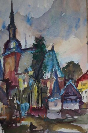 Kirche mit Häusern in Oederan
