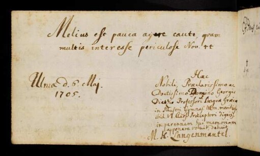 Langenmantel, Martin Hieronymus von. Ulm, 6.5.1705.