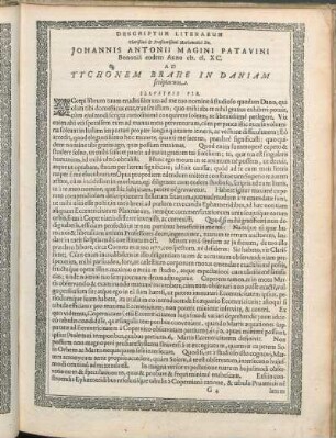 Descriptum Literarum Clarißimi & Præstantißimi Mathematici Dn. Johannis Antonii Magini Patavini Bononia aodem Anno MDXC. Ad Tychonem Brahe In Daniam scriptarum.