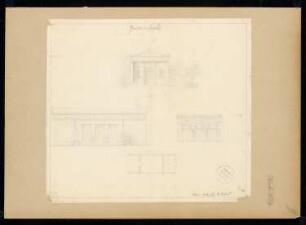 Gartensaal Monatskonkurrenz Oktober 1827: Grundriss Erdgeschoss, Aufriss Vorderansicht, Seitenansicht, Innenansicht des Salons; Maßstabsleiste