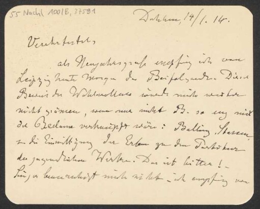Brief an B. Schott's Söhne : 14.01.1914