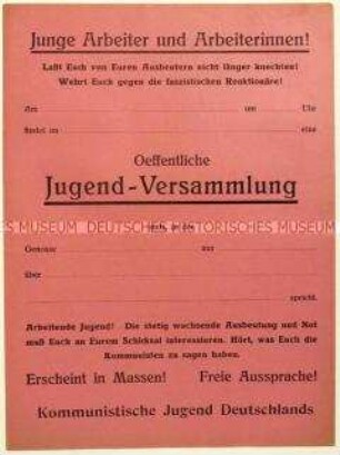Blanko-Flugblatt der Kommunistischen Jugend Deutschlands zur Ankündigung einer Versammlung