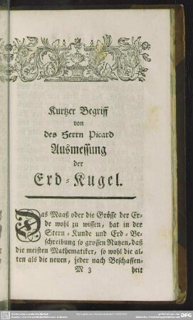 Kurtzer Begriff von des Herrn Picard Ausmessung der Erd-Kugel
