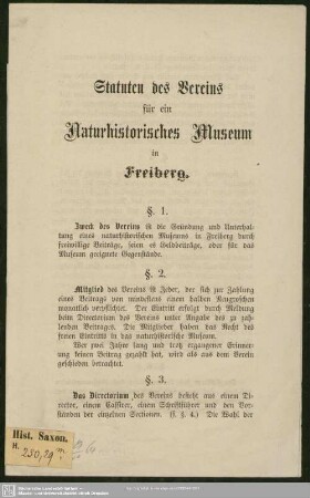 Statuten des Vereins für ein Naturhistorisches Museum in Freiberg