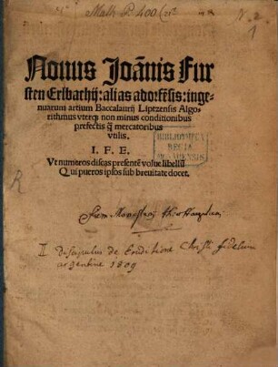 Novus Joannis Fursten Erlbachij ... algorithmus uterque non minus conditionibus prefectis quam mercatoribus utilis