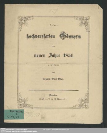 Seinen hochverehrten Gönnern zum Neuen Jahre 1851