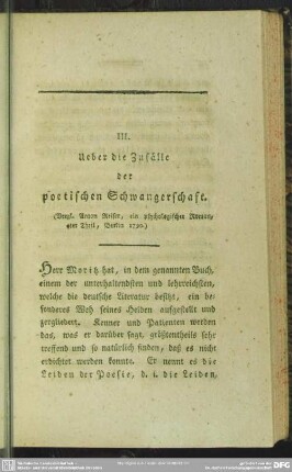 III. Ueber die Zufälle der poetischen Schwangerschaft. (Vergl. Anton Reiser, ein psychologischer Roman, 4ter Theil, Berlin 1790)