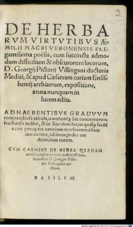 De Herbarum Virtutibus Aemilii Macri Veronensis Elegantissima poesis