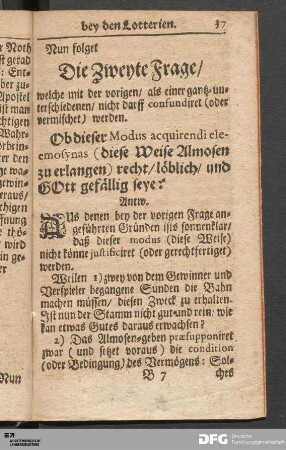 II. Frage. Von den Almosen aus den Lotterien.