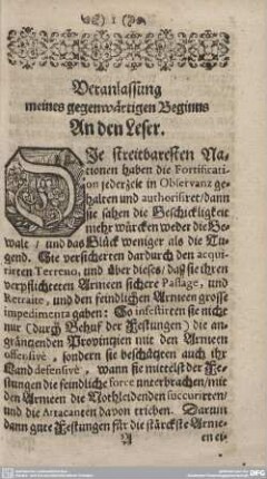 Veranlassung meines gegenwärtigen Beginns. An den Leser.