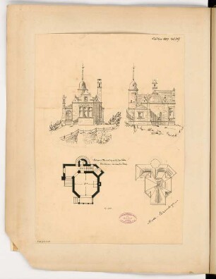 Weinberghäuschen an der Mosel Monatskonkurrenz Februar 1889: Grundriss, Dachaufsicht, Aufriss Eingangsseite, Flussseite 1:100
