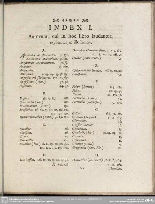 Index I. Autorum, qui in hoc libro laudantur, explicantur ac illustrantur