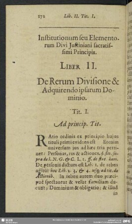 Institutionum seu Elementorum Divi Iustiniani sacratissimi Principis, Liber II.