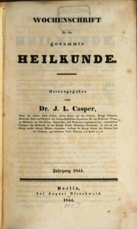 Wochenschrift für die gesammte Heilkunde. 1844, 1844