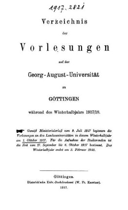 WS 1917/18: Verzeichnis der Vorlesungen