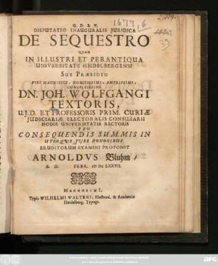 Disputatio Inauguralis Iuridica De Sequestro