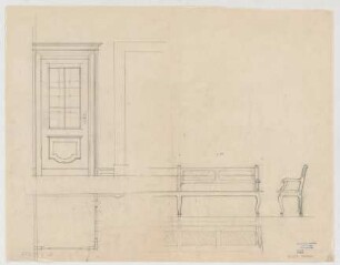 Thiersch, Friedrich von; München; Justizpalast - Tür (Ansicht, Grundriss); Zeugenbank (Ansichten)