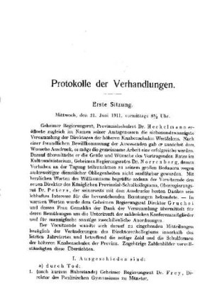 Erste Sitzung : [Geschäftliches] ; [Protokolle der Verhandlungen]