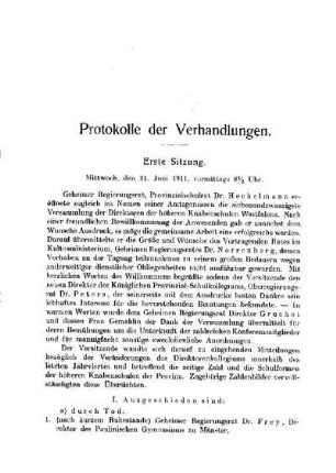 Erste Sitzung : [Geschäftliches] ; [Protokolle der Verhandlungen]