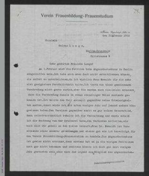 Brief von Adelheid Steinmann an Helene Lange
