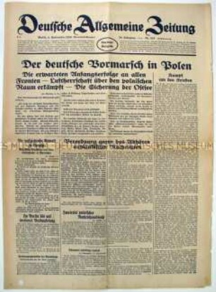 Tageszeitung "Deutsche Allgemeine Zeitung" zum Vormarsch der Wehrmacht nach dem Überfall auf Polen