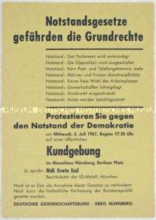 Propagandaflugblatt des DGB Nürnberg mit dem Aufruf zu Protesten gegen die geplanten Notstandsgesetze
