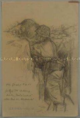 Ausspähender deutscher Grenadier mit Mückenschutz im Schützengraben (Stellung "Douaumont")