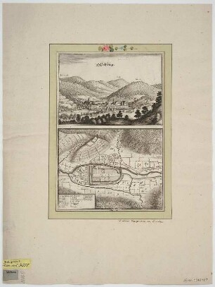 Plan und Ansicht von Sulzburg, Radierung, um 1643 : Sultzburg. - [Franckfurt am Mayn] : [Merian] , [1643]. - 1 Plan u. 1 Ansicht auf 1 Bl. : Radierung ; 18 x 12 cm, Gesamtgr. 18 x 27 cm Titel oben Mitte. - Mit Gebäudeverzeichnis. - Aus: Topographia Sueviae / Matthäus Merian