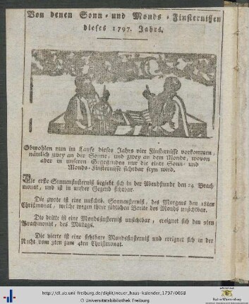 Von denen Sonn- und Monds-Finsternissen dieses 1797. Jahres.
